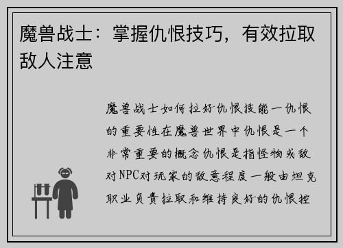 魔兽战士：掌握仇恨技巧，有效拉取敌人注意