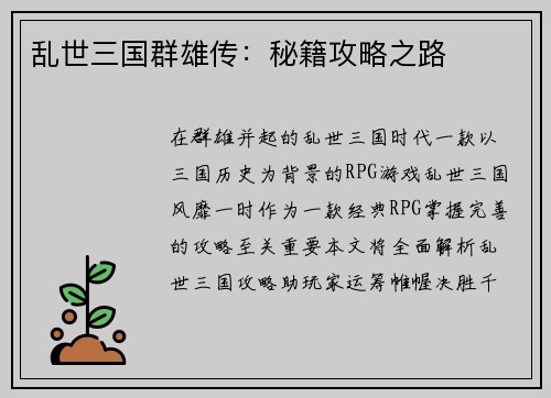 乱世三国群雄传：秘籍攻略之路