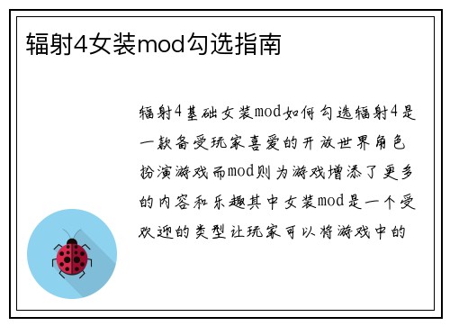 辐射4女装mod勾选指南